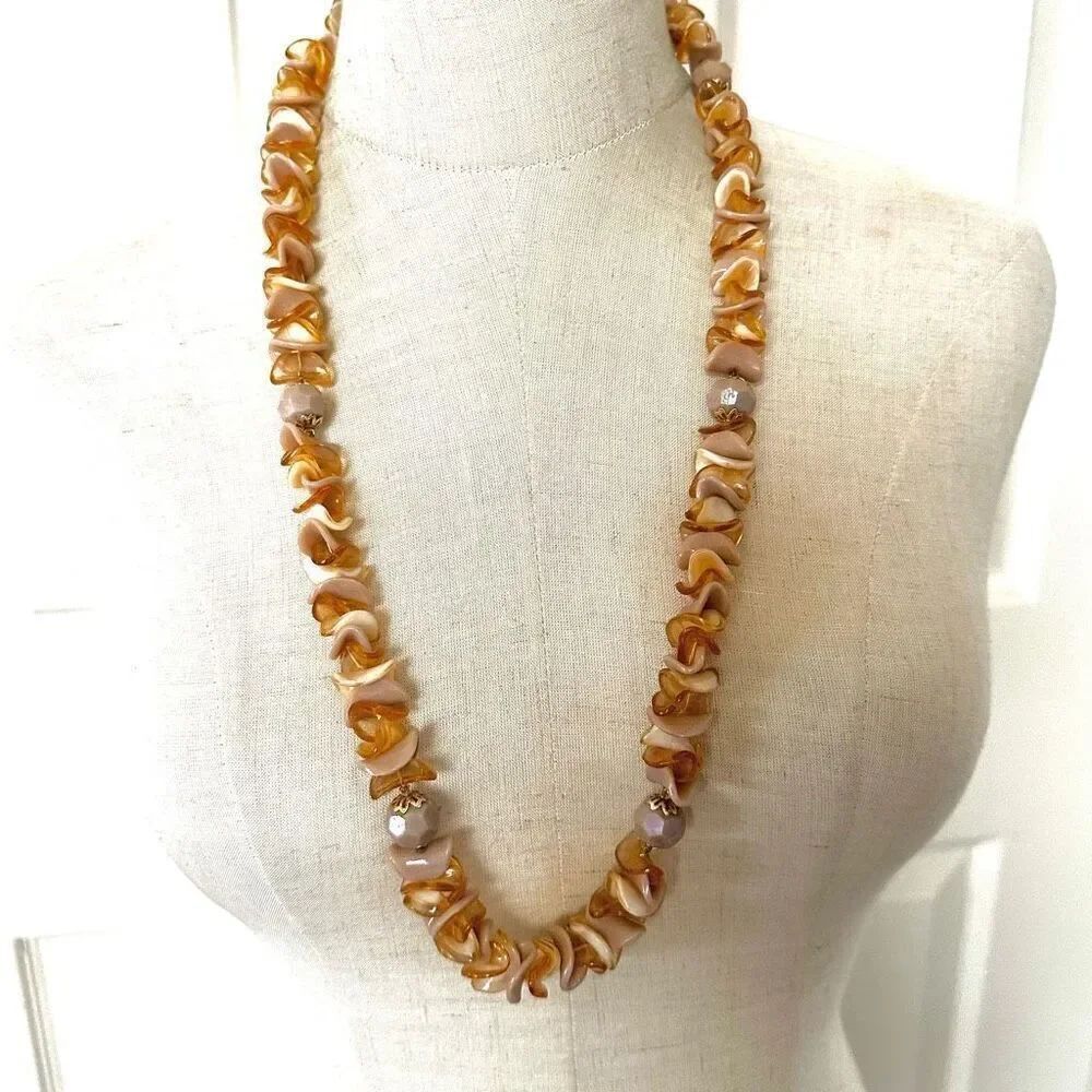 Orange and tan beaded long vintage necklace